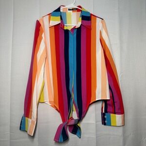 Greathe Tie Front Blouse Medium Multicolor Vertical Stripe Button Down